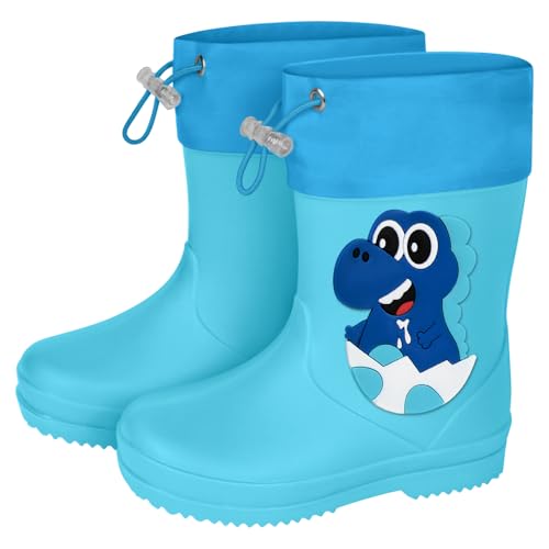 Aomig Regenstiefel Gummistiefel Kinder Rutschfest regenfüßlinge Verstellbarer Kordelzug Allwetter Komfortable Regenstiefel Jungen und Mädchen Im Regen ausgehen (Eierschalen Drachen Blau 26-27)