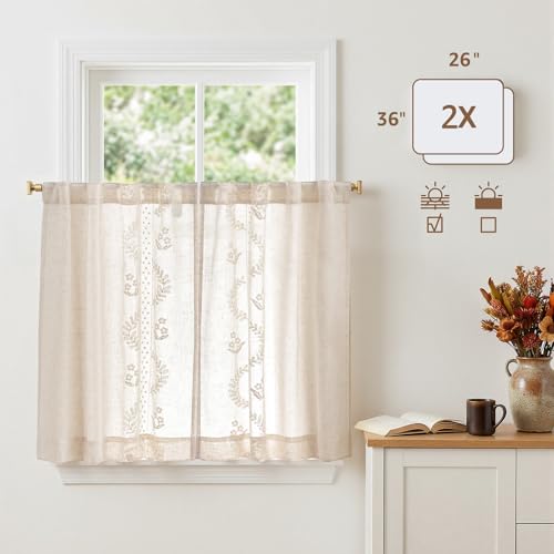 Image of jinchan Ivory Floral Linen Kitchen Tier Curtains 36 Inch, 2 Panels