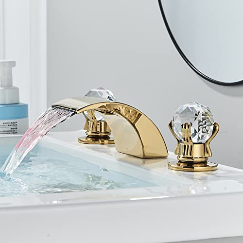 Senlesen LED Light Waterfall Widespread Bathroom Basin Faucet 2 Crystal Knobs Sink Mixer Tap Gold Polished