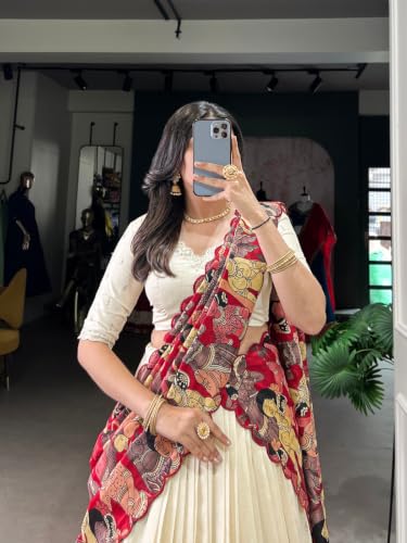 Image of Women's Cream Lehenga Choli with Dupatta | Stitched Tasar Silk Chaniya Choli | Kalamkari Print Ghagra with Lace Border | Flared Lehenga for Wedding Party Festive Wear