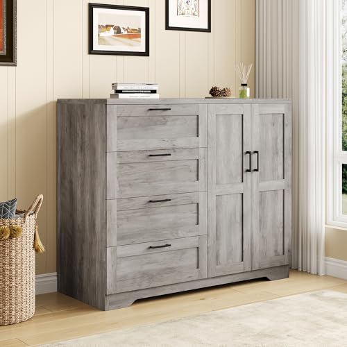 GarveeHome Multifunctional Wooden Dresser for Bedroom, 43.3'' H 2 Door Wardrobe Armoire Closet with 4 Drawers and Hanging Rod, Low Storage Cabinet for Hanging Cloth, Gray