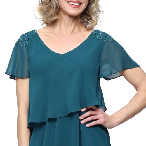 Image of S.L. Fashions Women's V-Neck Chiffon Cocktail Dress with Beaded Shoulders and Asymmetrical Tiers (Petite and Regular Sizes)