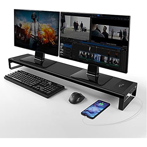 Vaydeer Dual Monitor Stand Riser with Wireless Charging and 4 USB 3.0, Metal Desk Computer Stand for 2 Monitors, Aluminum PC Screen Stand for Office, Laptop, Computer, iMac up to 32 Inches - Black Cover