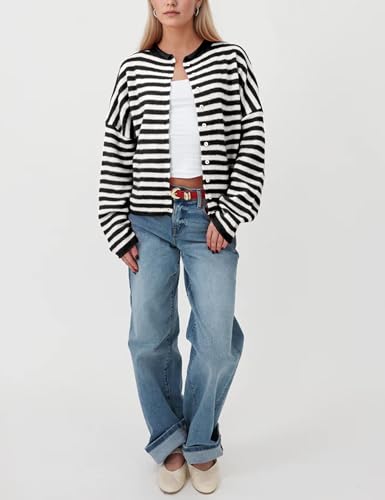 Women Casual Striped Cardigan Button Front Knit Shirt Cover Up Lightweight Summer Beach Fall Open Front Sweater4