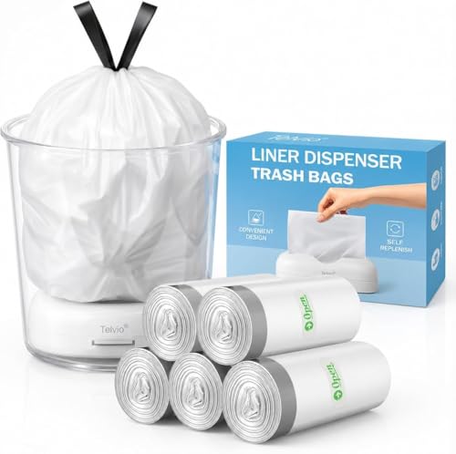 Image of Teivio 4 Gallon Drawstring Trash Bags with Dispenser, 110 Count | Strong Bathroom garbage bags and waste basket liners with in-bin dispenser for cleaner refills