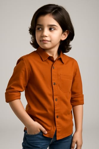 Image of Boys Kids Rust Orange Cotton Shirt, Long Roll-Up Sleeves, Party, Age 2-10 Years