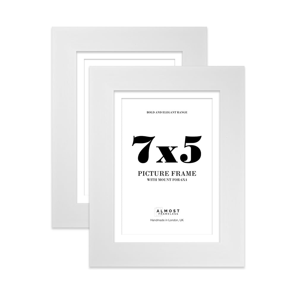 7x5" White Frame With Mount for 6x4" Pictures 28mm Edge Portrait and Landscape Display with Wall Hooks and Kickstand, 2 Pack