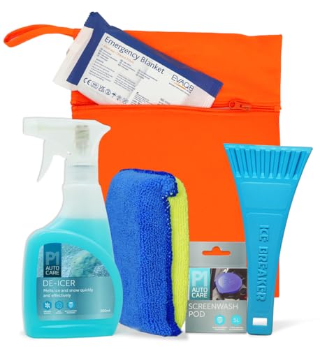 EVAQ8 Winter Car Essentials Kit For Icy Mornings Deicer - Ice Scraper - Windscreen Demister Pad - Screenwash Concentrate - Emergency Blanket