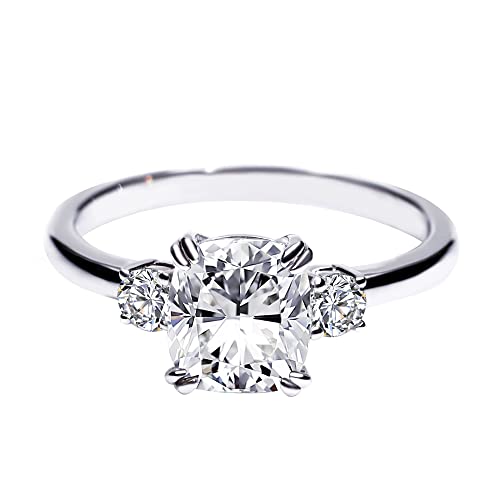 TIANYU Cushion Cut 1.5ct DF VVS Moissanite 18K White Gold Plated Sterling Silver 3 Stone Design Engagement Rings for Women