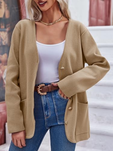 Saodimallsu Womens V Neck Cardigan Button Loose Knit Sweater Blazer Open Front Elegant Cardigans with Pockets4