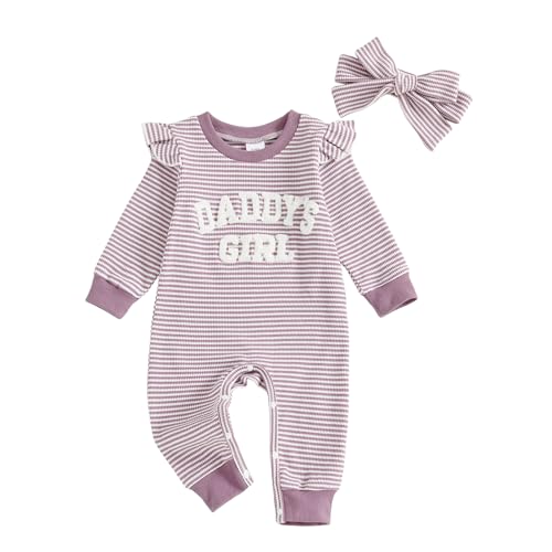 Image of Ursobutegl Newborn Baby Girls Romper Outfits Daddy's Girl Embroidery Striped Ruffle Jumpsuit Bodysuit Fall Winter Clothes