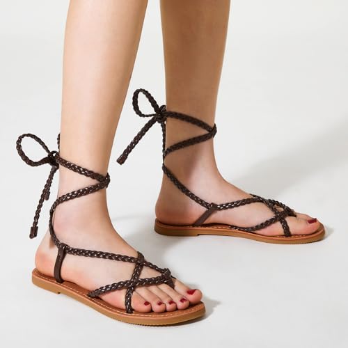 Image of Trary Sandals Women, Lace Up Sandals for Women, Sandals for Women Dressy Summer, Open Toe Gladiator Sandals, Flat Sandals for Women Dressy, Beach Sandals for Women, Summer Sandals for Women 2023
