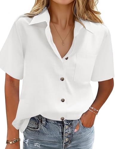 Zeagoo Blusa para mujer, informal, cuello de pico, camisa de muselina, camisa 100% algodón, camiseta de verano de manga corta, lisa, elegante, con bolsillo, Blanco, S