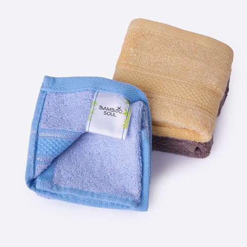 Image of Bamboo Soul Bamboo Face Towel | Ultra Absorbent & Super Soft | 30 x 30 cm - 550 GSM | Pack of 3 (Yellow, Dark Beige, Sky Blue)