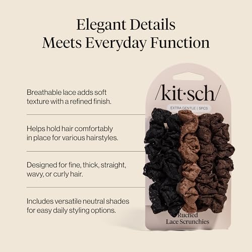 Image of Kitsch Ruched Lace Scrunchies For Women - No Crease, Gentle Hold, Frizz-Free Hair Scrunchies | Soft Lace Hair Accessories for All Hair Types - Black, Chocolate & Mocha, 5pc Set