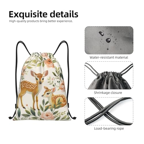 Rose Deer Pattern Drawstring Backpack for Women Men Lightweight Sports Gym Sackpack Cinch Bag Water Resistant Draw String Bags for Hiking Yoga Swimming Travel Beach4