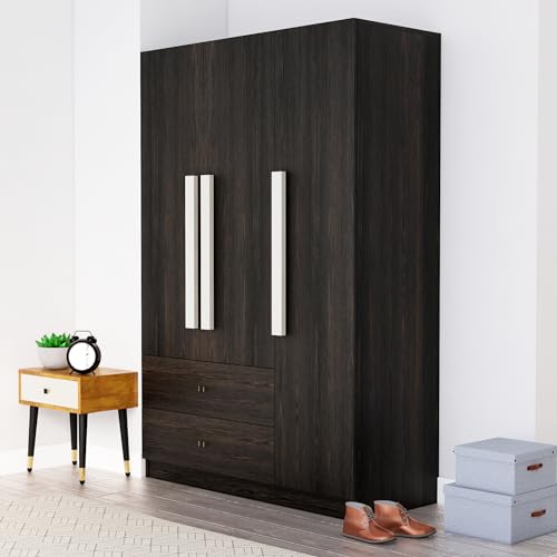Image of Bniture Wooden Almirah for Clothes, Door for Bedroom, 3 Door Wardrobes with 2 Drawer & Hanging Space (40D x 120W x 180H CM) | 3 Year Warranty (Flower Wenge)