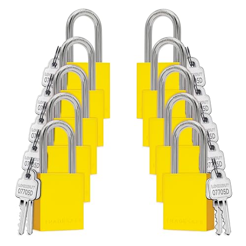 Image of TRADESAFE Lockout Tagout Locks Set - 10 Yellow Aluminum Loto Locks, Lock Out Tag Out Padlocks Keyed Alike, 2 Keys Per Lockout Padlock, OSHA Compliant