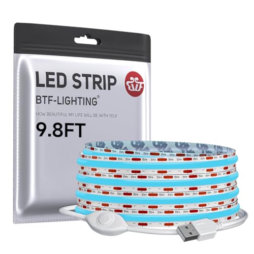 Image of BTF-LIGHTING FCOB COB LED Strip Lights 5V USB Powered Ice Blue Color for TV