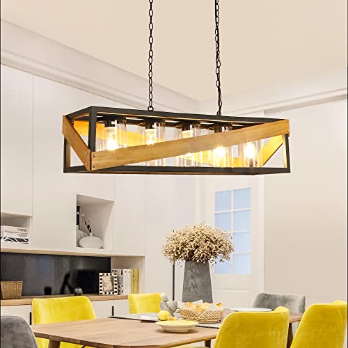 Depuley Farmhouse Kitchen Island Lighting, 39 Inches 5-Light Industrial Metal Linear Chandelier, Rustic Pendant Light Fixture With Wood Frame Hanging For Dining Room, Pool Table, 5* E26 Bulbs Included #TOP2