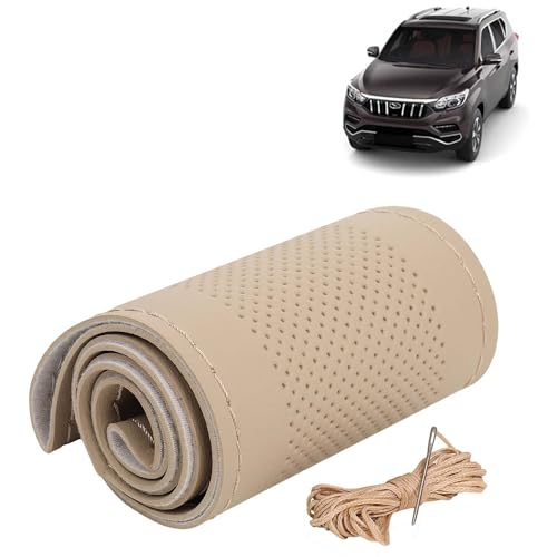 Image of KINGSWAY PU Leatherite Car Steering Cover Sewable Compatible with Mahindra Alturas G4 (Year 2018 Onwards), Beige Color with Beige Thread, Pack of 1 with Sewing Needle and Thread