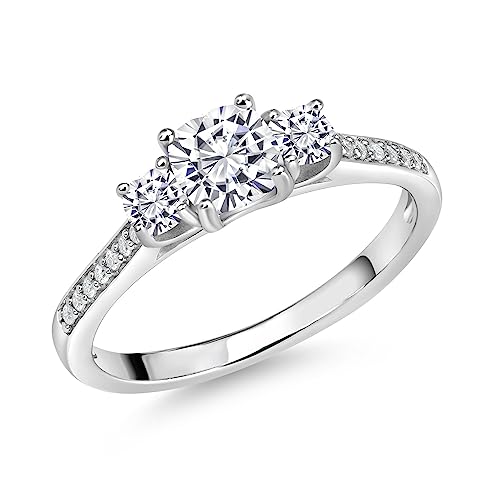 Gem Stone King 925 Sterling Silver Gemstone Birthstone and White Moissanite Ring | 5MM and 3MM Cushion | 3-Stone Wedding Engagement Anniversary Ring For Women | Available In Size 5, 6, 7, 8, 9