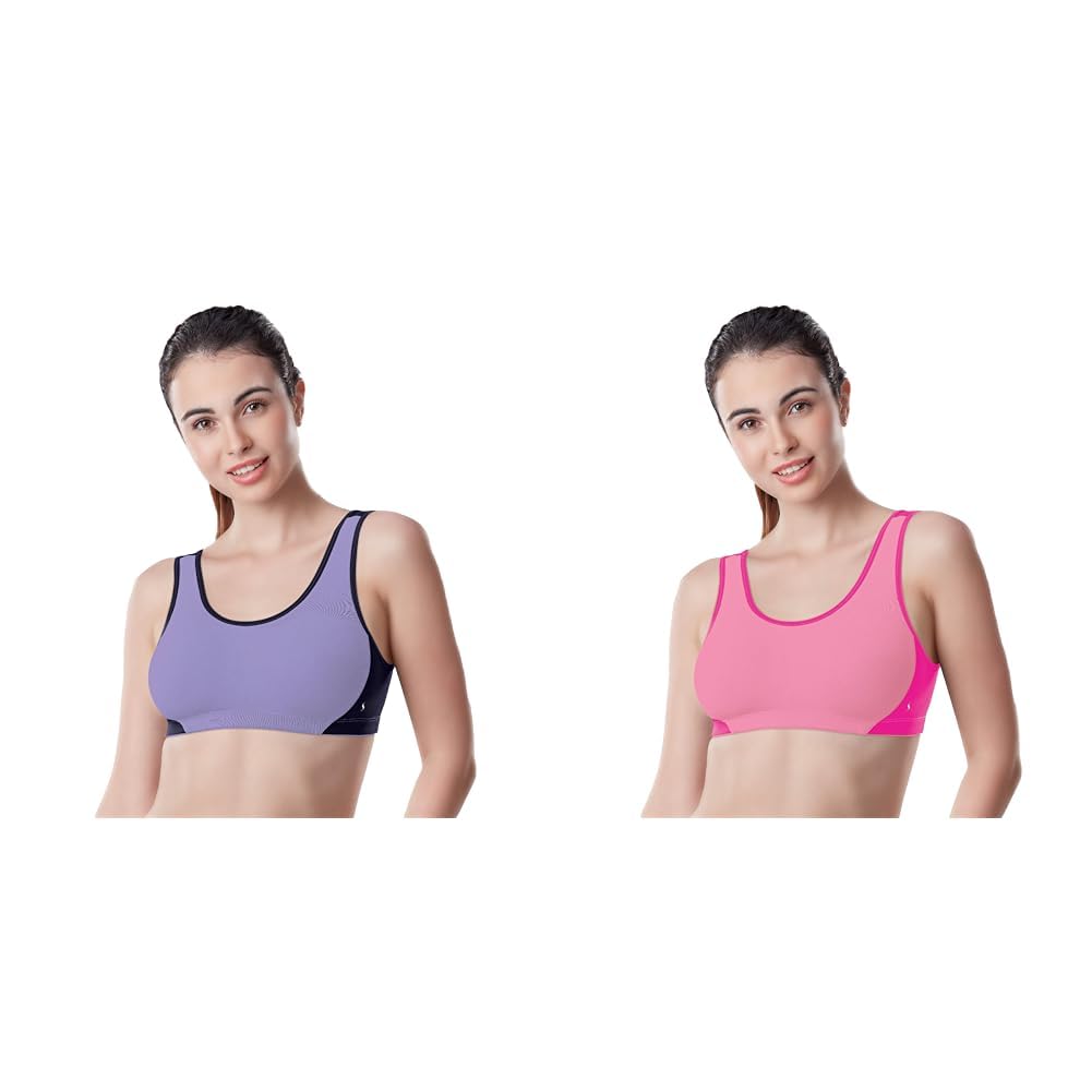 Women's SB131 Sports Bra Cool Bliss Cotton Wide Shoulder Straps| Non-Wired Non Padded Seamless for Superior Comfort Solid Medium Support Full Coverage (Pack of 2 -Lilac+Button Pink ,M)-image-25