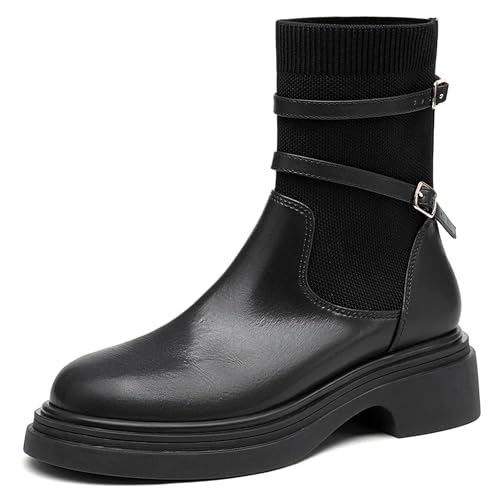 Women's Punk Round Toe Ankle Boots - Strap Decor Casual Comfortable Booties with Arch Support, Non-Slip Sole