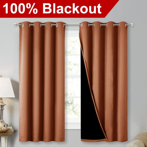 Image of NICETOWN Burnt Orange 100% Blackout Lined Curtains, 2 Thick Layers Completely Blackout Window Treatment Thermal Insulated Drapes for Kitchen /Bedroom (1 Pair, 52 inch Width x 63 inch Length Each Panel)