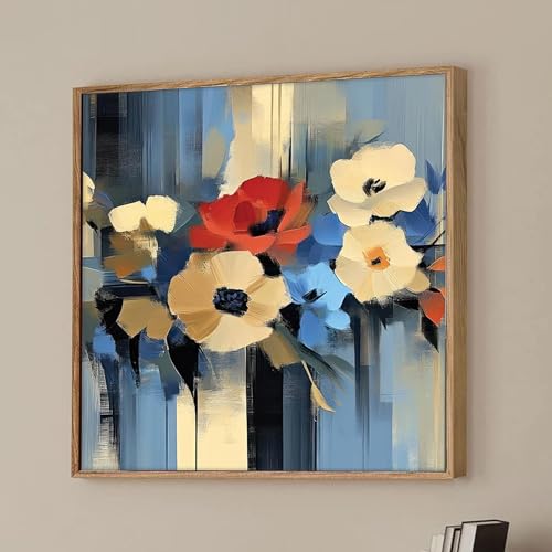Image of Abstract Floral Framed Canvas Wall Art Painting for Living Room | Modern Blue & White Flower Artwork with Wooden Frame | Contemporary Decorative Wall Decor for Home & Office, 23x23 Inch