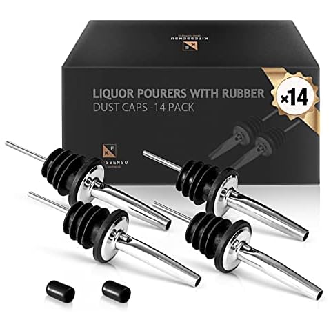KITESSENSU 14 Pack Liquor Pourers, Stainless Steel Bottle Pourers for Alcohol, Bar Pour Spouts with Rubber Dust Caps Cover