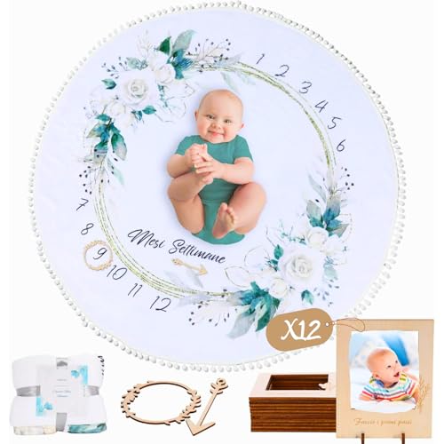 ZORKAM Coperta Mesi Neonato per Maschio e Femmina con accessori + 12 Cornice Porta Foto Personalizzata Idea Regalo Nascita Bimbo e Bimba- Copertina Neonato tema Florale Unisex di 120 cm