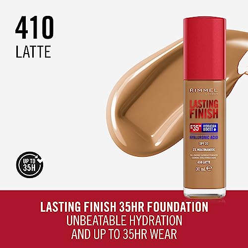 Rimmel Lasting Finish 35Hr Foundation 410 Latte, Full Coverage, Hydrating, SPF20, Hyaluronic Acid, Vitamin E, 2% Niacinamide - Image 2