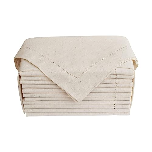 GFI LINEN CLUBS Cotton Flax Linen Cloth Dinner Napkin - Pack of 12 Natural Premium Hemstitched Napkins, 20x20 Inch, Machine Washable, Reusable Table Cloth for Dining, Parties, Weddings & Everyday Use