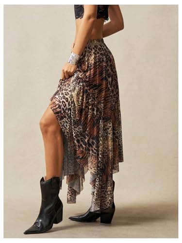 Women's Leopard Long Skirt Vintage Cheetah Low Rise Ruffle Asymmetrical Flowy Skirt3