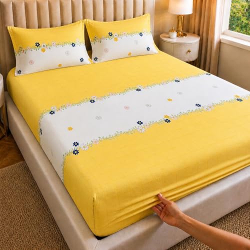 Image of Castiqa Elastic Fitted Supersoft Premium Brushed Cotton 200TC Double Bedsheets King Size 78x72 Inch with 2 Pillow Covers (Fits Upto Mattress of 10 Inches) (Yellow Dotted)