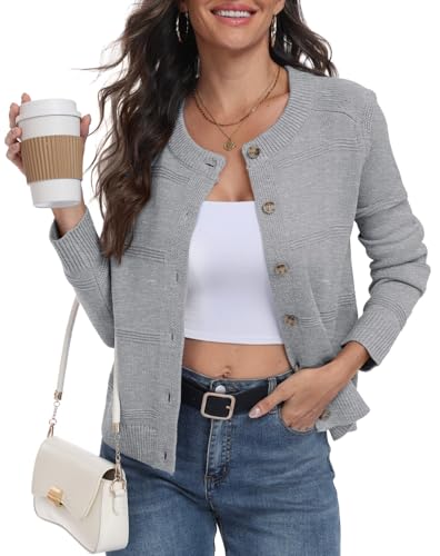 PrinStory   Cárdigans para mujer de punto trenzado, manga larga, con botones, jersey de dama con frente abierto, prenda de punto elegante para exteriores, Gris Claro, XL