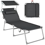 SONGMICS Große Sonnenliege, klappbarer Liegestuhl, 71 x 200 x 38 cm, Belastbarkeit 150 kg, mit Sonnenschutz, Kopfstütze und Verstellbarer Rückenlehne, für Garten Pool Terrasse, anthrazit GCB22GYV2