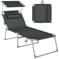 SONGMICS Große Sonnenliege, klappbarer Liegestuhl, 71 x 200 x 38 cm, Belastbarkeit 150 kg, mit Sonnenschutz, Kopfstütze und Verstellbarer Rückenlehne, für Garten Pool Terrasse, anthrazit GCB22GYV2