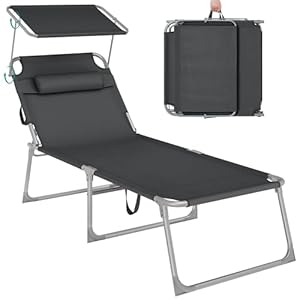 SONGMICS Große Sonnenliege, klappbarer Liegestuhl, 71 x 200 x 38 cm, Belastbarkeit 150 kg, mit Sonnenschutz, Kopfstütze und Verstellbarer Rückenlehne, für Garten Pool Terrasse, anthrazit GCB22GYV2