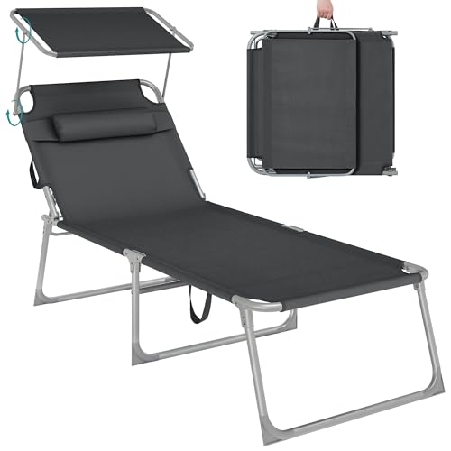 SONGMICS Große Sonnenliege, klappbarer Liegestuhl, 71 x 200 x 38 cm, Belastbarkeit 150 kg, mit Sonnenschutz, Kopfstütze und Verstellbarer Rückenlehne, für Garten Pool Terrasse, anthrazit GCB22GYV2 SONGMICS Große Sonnenliege, klappbarer Liegestuhl, 71 x 200 x 38 cm, Belastbarkeit 150 kg, mit Sonnenschutz, Kopfstütze und Verstellbarer Rückenlehne, für Garten Pool Terrasse, anthrazit GCB22GYV2