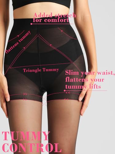 HONENNA Tummy Control Pantyhose for Women Control Top Sheer Tights Black Nylons Shaping Stockings 2 Pairs2