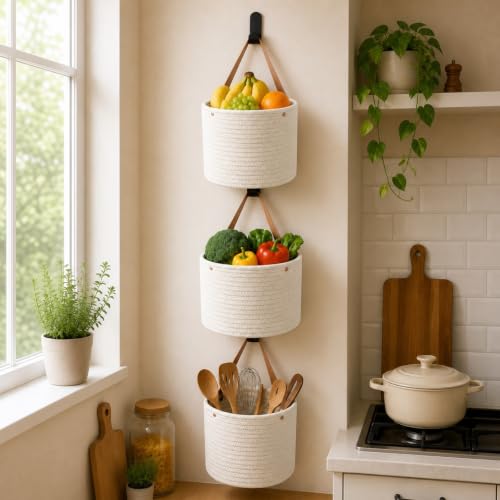 Image of Honeydak 3 Hanging Baskets, White, Cylinder, Cotton Rope