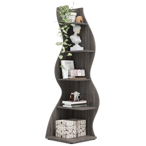 Tribesigns Corner Shelf, Modern 5-Tier Wall Corner Bookshelf, Stylish Corner Small Bookcase Storage Rack Plant Stand with Unique Shape for Living Room, Home Office, (1PC, Gray)