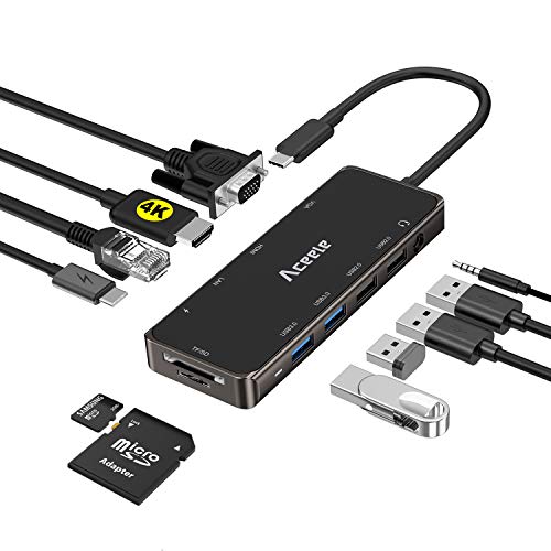 Aceele USB C Hub Multiport Adapter, USBC 3.1 Docking Station Dongle with HDMI, VGA, 100W PD, 3.5mm Jack, Ethernet, USB Ports, SD Card Readers for Thunderbolt 3 MacBook iPad Pro, XPS 13, Type C Laptop