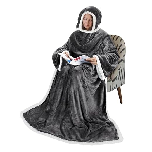 Tirrinia Sherpa Hood Wearable Blanket for Adult Women and Men, Super Soft Comfy Warm Plush Throw with Sleeves TV Blanket Wrap Robe Hoodie Cover for Lounge Chair Couch 72" x 55" Grey