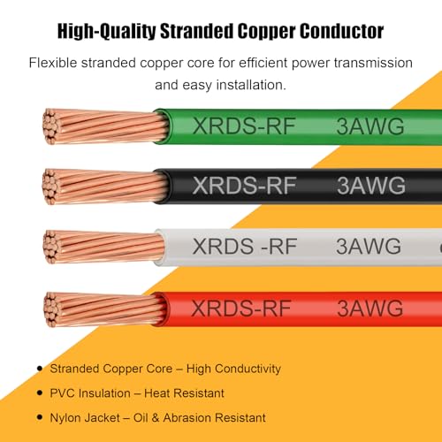 Image of XRDS -RF THHN Wire 50FT, 3AWG Stranded Copper THHN Electrical Wire, Black Nylon-Coated Thermoplastic Insulated Cable for Indoor Conduit Wiring, 600V Rated