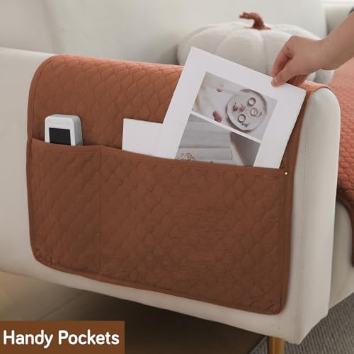 Image of HOKIPO Polyester Quilted Sofa Arm Cover With Pockets, Brown, Pack Of 2 (1 Pair) (In-787-Br*2)