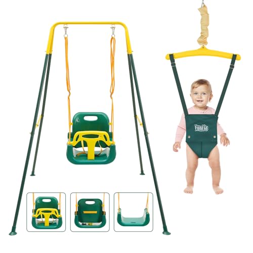 FUNLIO 2-in-1 Altalena e Altalena da Porta per Bambini, Altalena Resistenti con 4 Sacchi di Sabbia, Supporto in Metallo Pieghevole per Giochi al Coperto/Esterno, Facile da Montare e Riporre - Verde