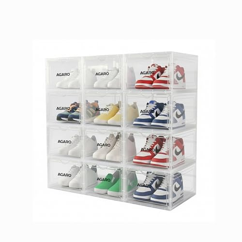 Image of AGARO Stackable Shoe Storage Box Organizer | Heavy Duty, Transparent, Plastic Sneaker Crates Container with Magnetic Door |Space Saving|Organizer for Men & Women| Fits up to Size UK 12 | Pack of 12